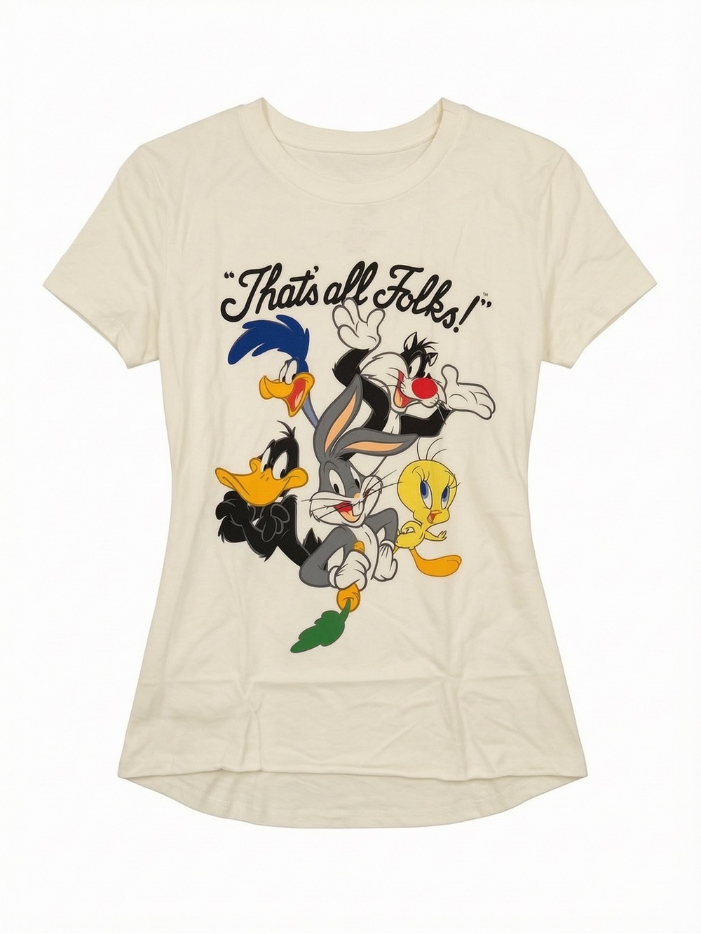 Looney Tunes Women’s Juniors Cream Hi Low Graphic T-Shirt Bugs Bunny Daffy